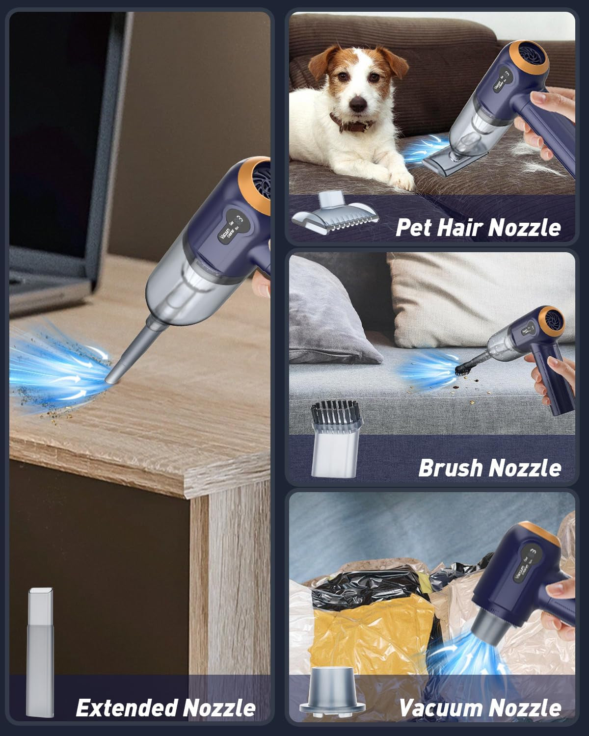 RoamVac™ 15000 Pa Cordless Car Vacuum — Mini Handheld Dust Buster & Air Blower with LED Display, USB-C Rechargeable, Powerful Suction for Car, Home & Pet Hair