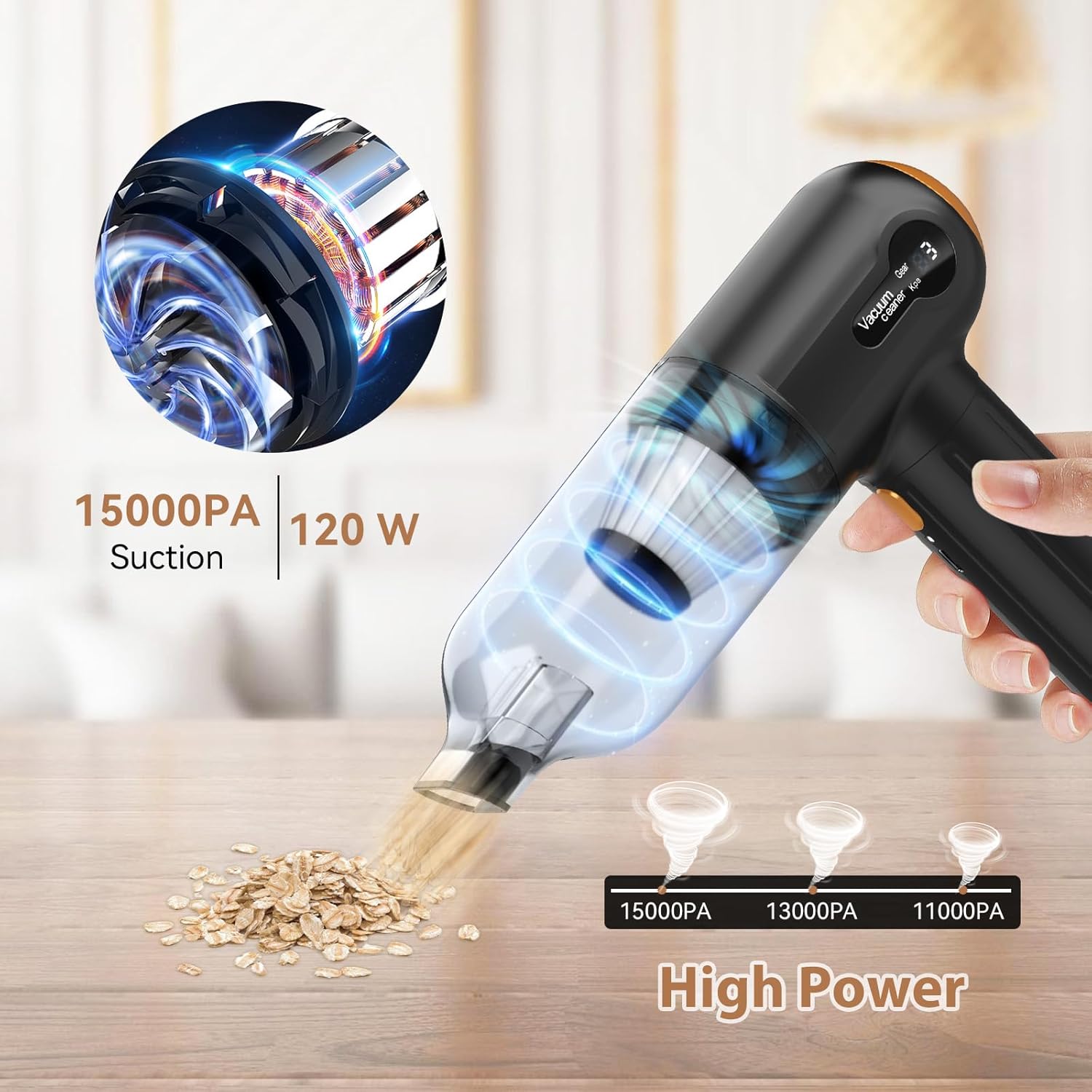 RoamVac 15kPa Cordless Car Vacuum — LED Display, USB-C Rechargeable