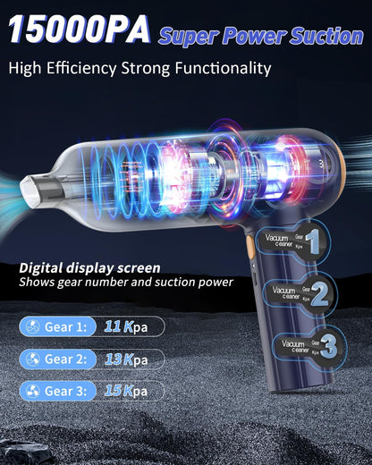 RoamVac™ 15000 Pa Cordless Car Vacuum — Mini Handheld Dust Buster & Air Blower with LED Display, USB-C Rechargeable, Powerful Suction for Car, Home & Pet Hair