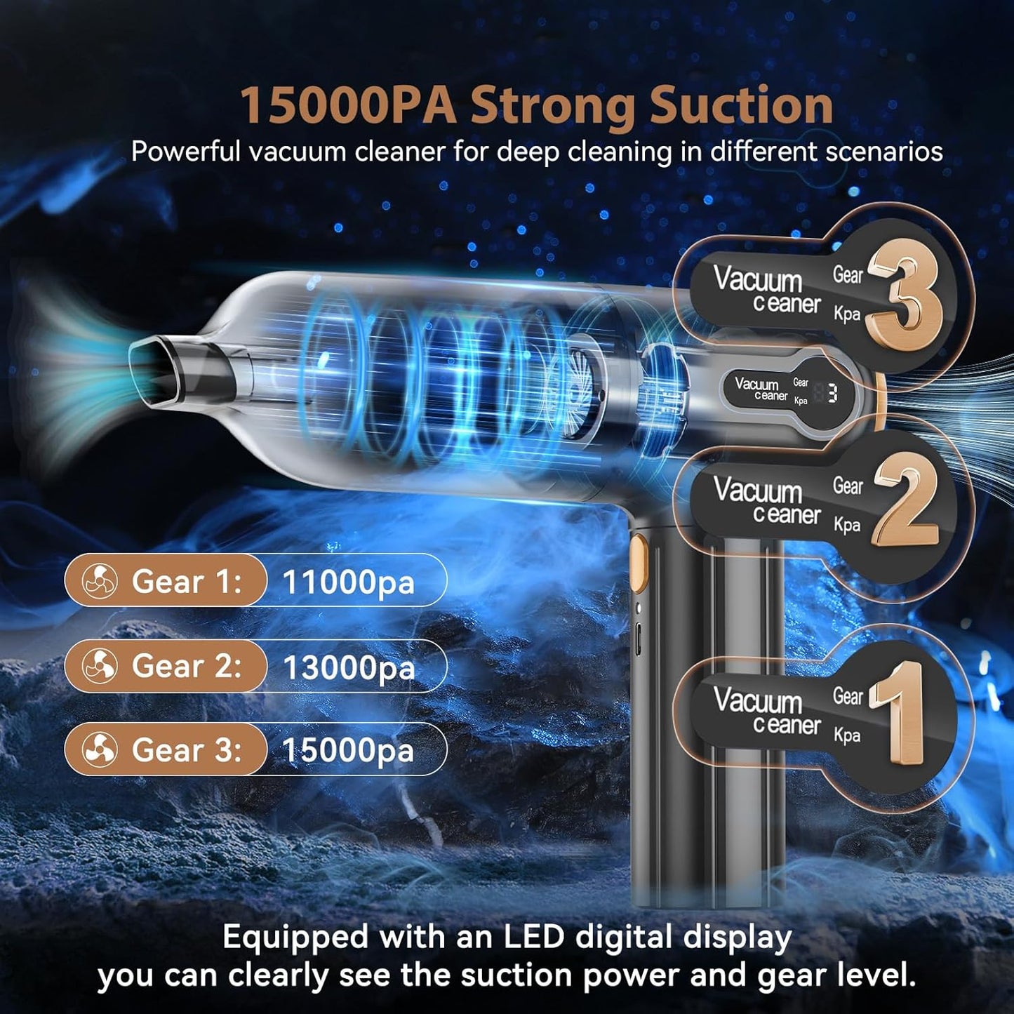 RoamVac 15kPa Cordless Car Vacuum — LED Display, USB-C Rechargeable