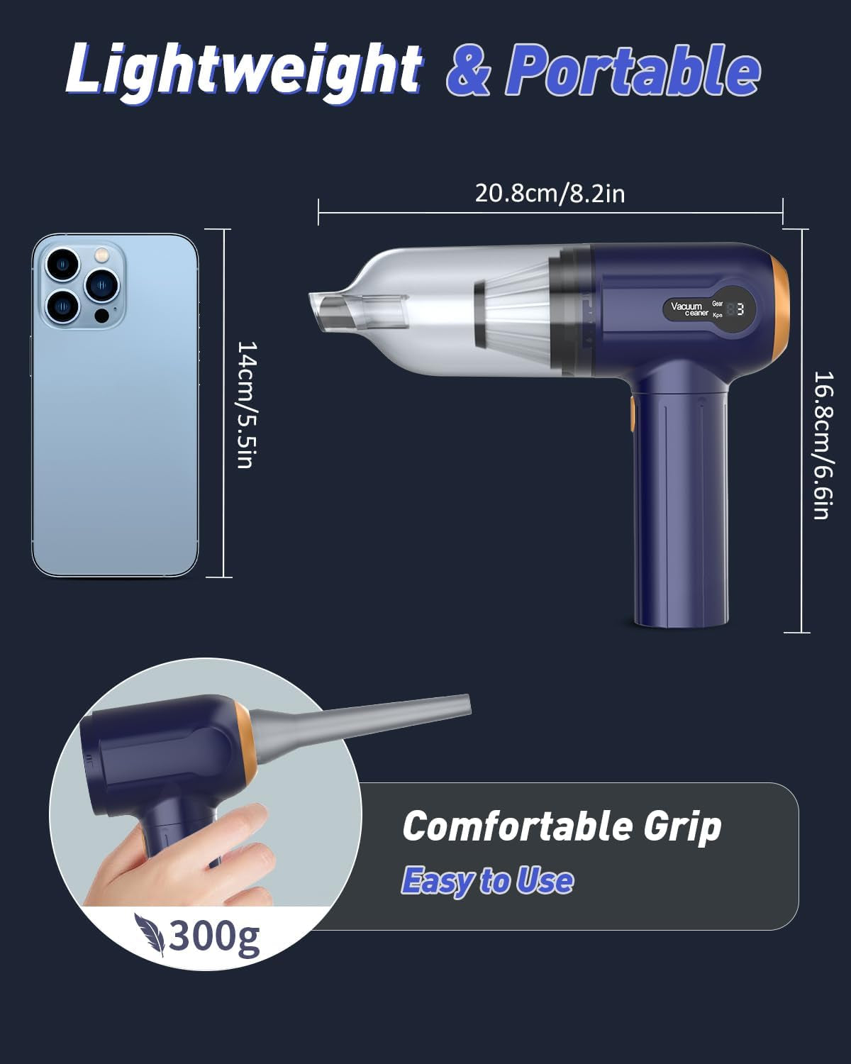 RoamVac™ 15000 Pa Cordless Car Vacuum — Mini Handheld Dust Buster & Air Blower with LED Display, USB-C Rechargeable, Powerful Suction for Car, Home & Pet Hair