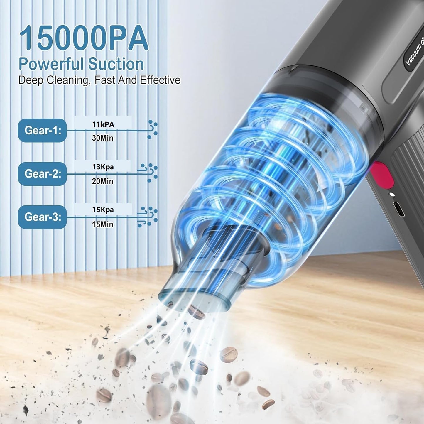 RoamVac 15kPa Cordless Car Vacuum — LED Display, USB-C Rechargeable